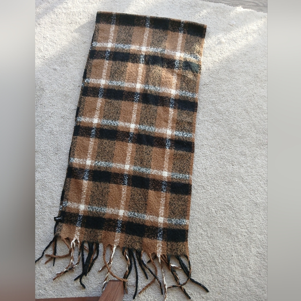 Denver Hayes Cozy Fringe Scarf in Brown, Black, White Plaid - Picture 2 of 7